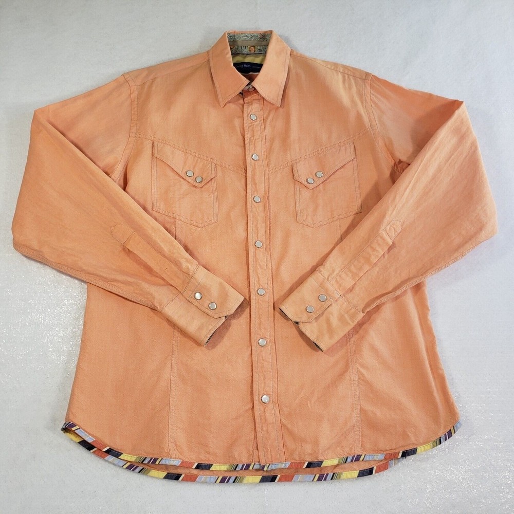 Georg Roth Los Angeles Shirt Mens Medium Orange Pearl Snap Floral Cuffs Western